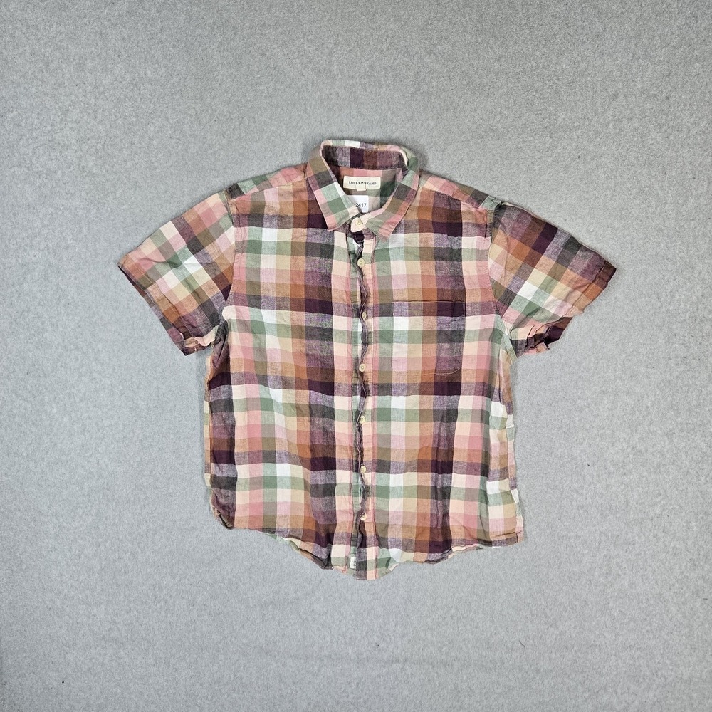 Lucky Brand Men Button Up Shirt M Multi Plaid San Gabriel Short Sleeve 1 Pocket